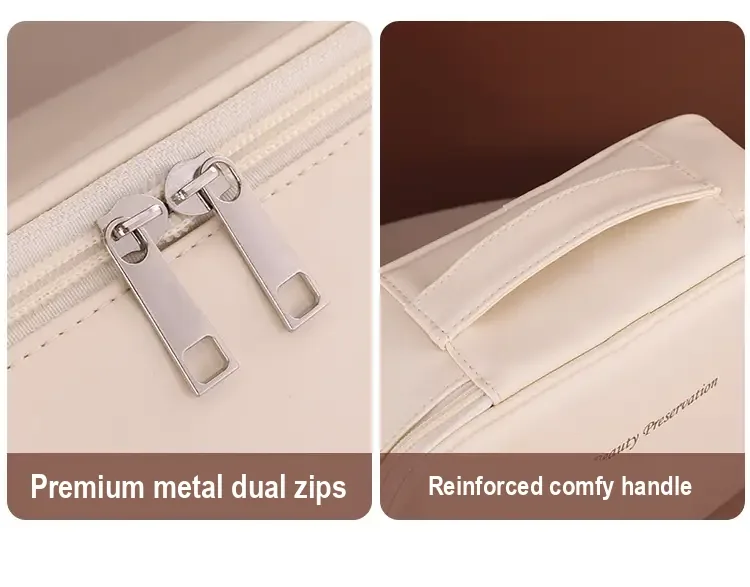 Close-ups of dual zipper pulls and the reinforced carrying handle.