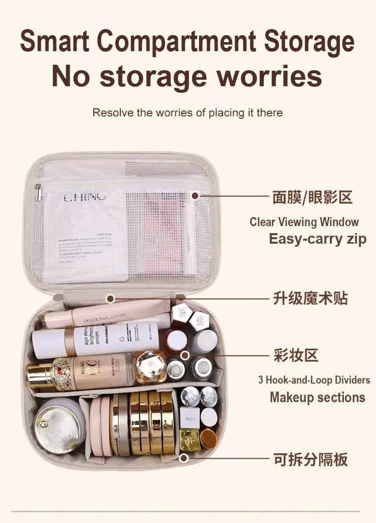 Open case with transparent mesh pocket and removable interior dividers, labelled in Chinese.