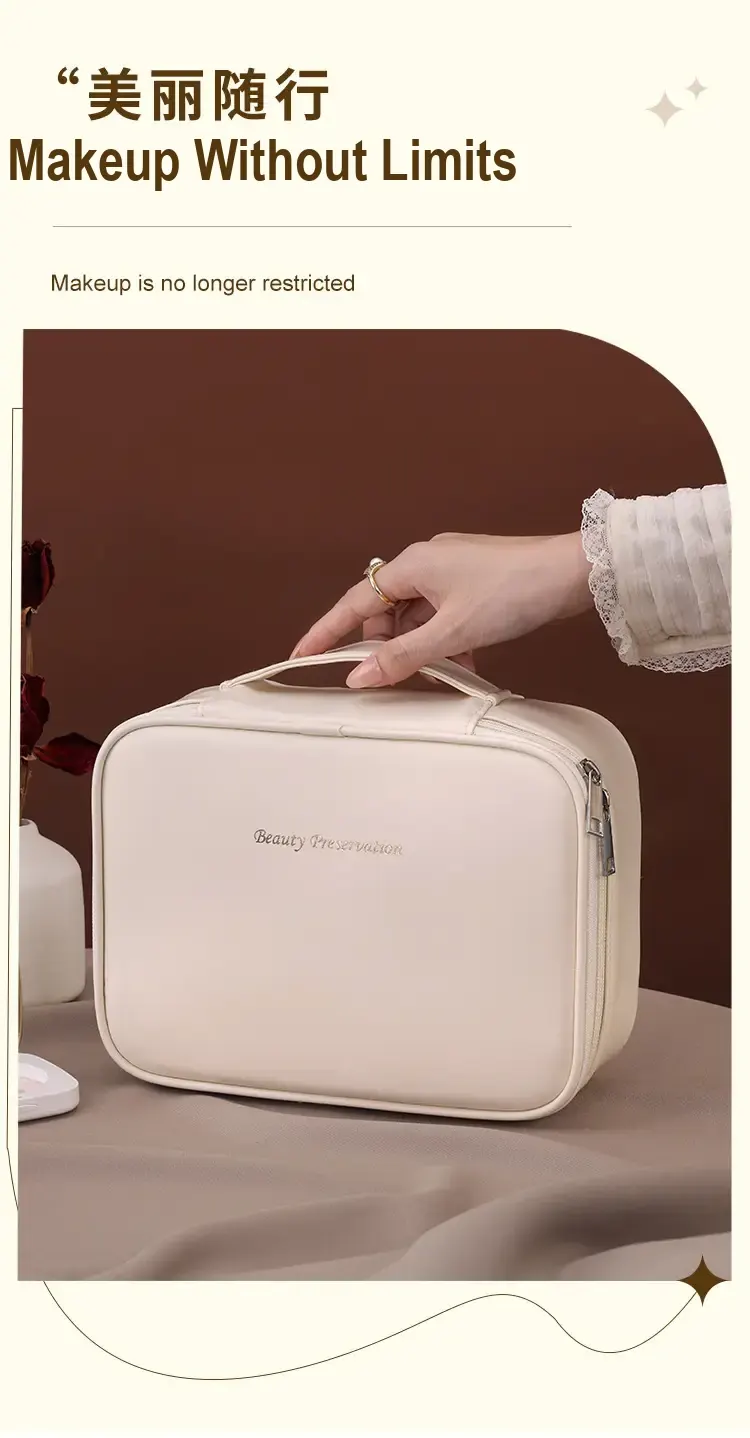 Hand holding the handle of a cream cosmetic case.