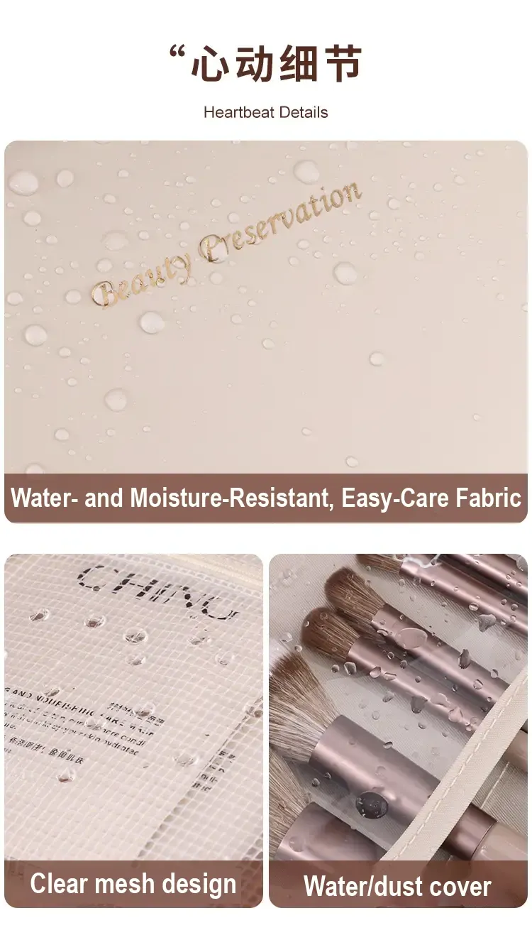 Surface of cream case with water droplets, illustrating the waterproof claim.