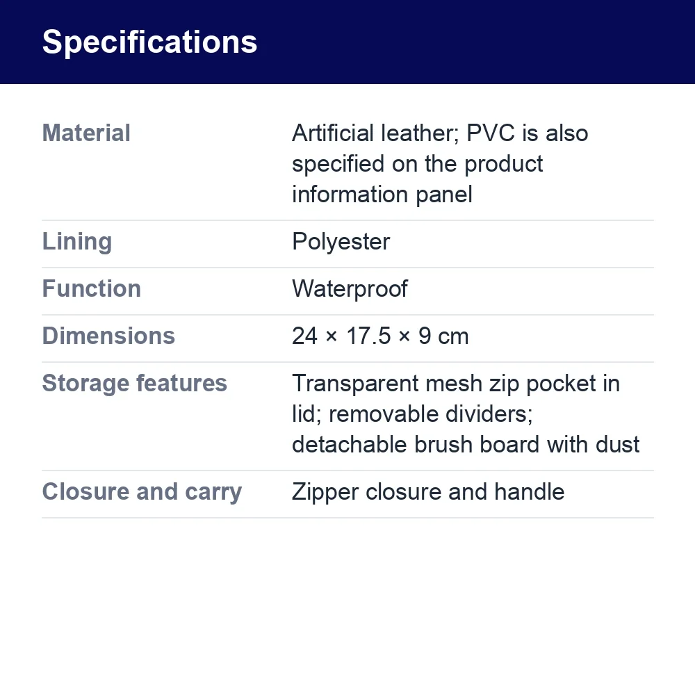 Waterproof Cosmetic Bag With Detachable Brush Board – specifications