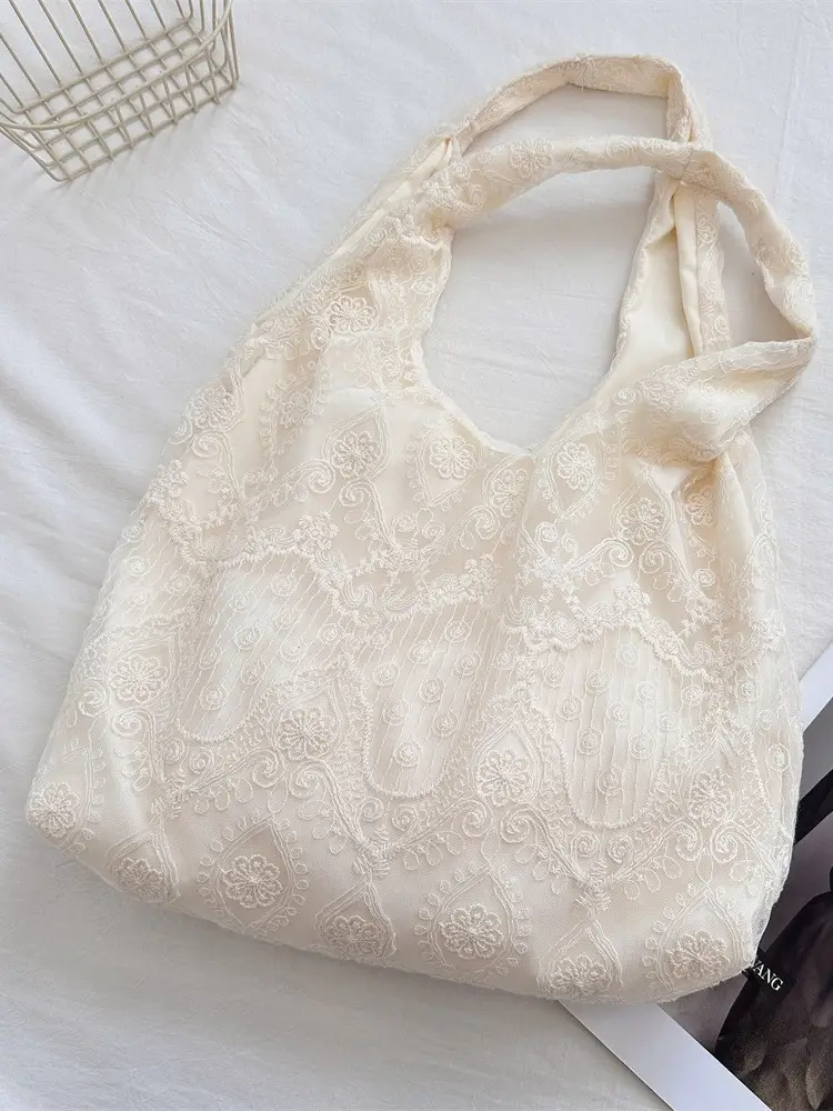 Lace Embroidered Shoulder Bag for Women Cream - Image 3