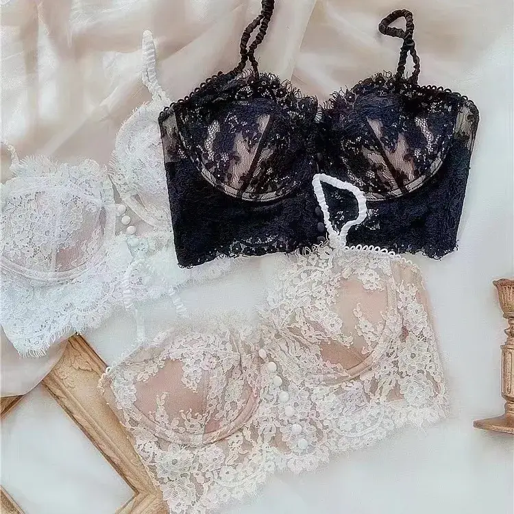 Women's Thin Sling Bra with Lace & Pearl Details - Image 8
