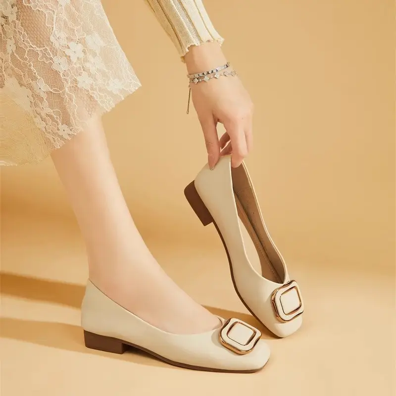Women Square Toe Flat Shoes Beige Soft Sole - Image 4