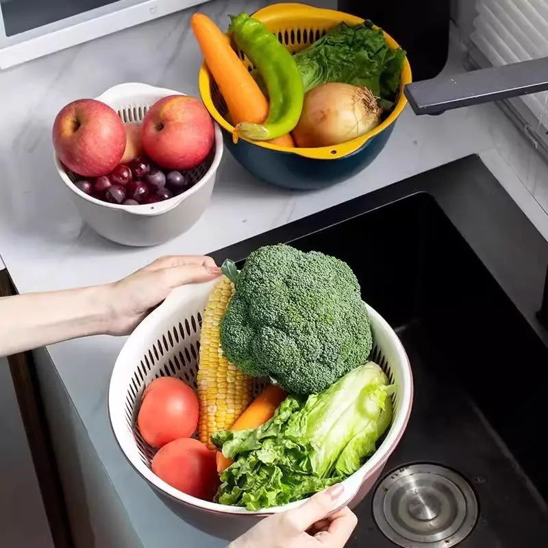 Double-layer Vegetable Washing Basin Draining Basket Six-piece Set Kitchen Living Room Household Washing Fruit Plate Simple Plastic Rice Washing Vegetable Basket