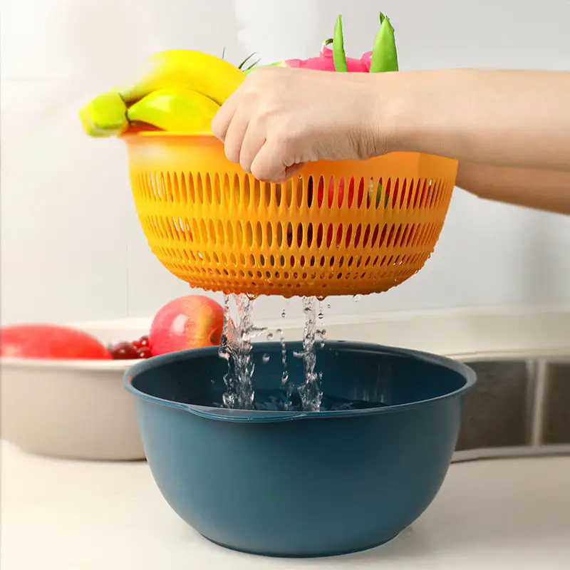 Double-layer Vegetable Washing Basin Draining Basket Six-piece Set Kitchen Living Room Household Washing Fruit Plate Simple Plastic Rice Washing Vegetable Basket