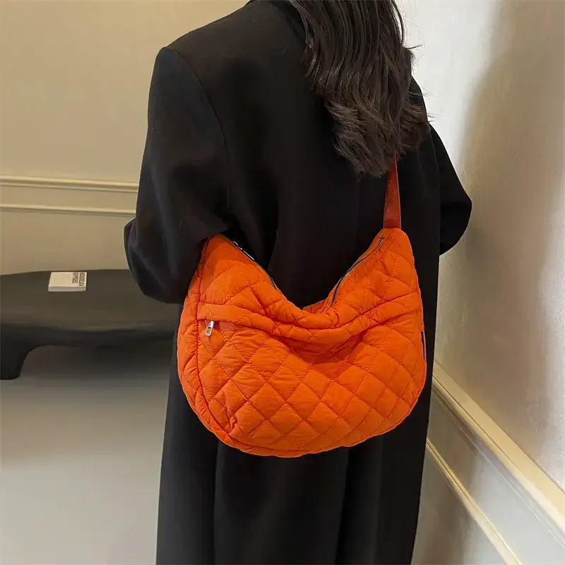 Orange Quilted Shoulder Bag for Women - Image 7