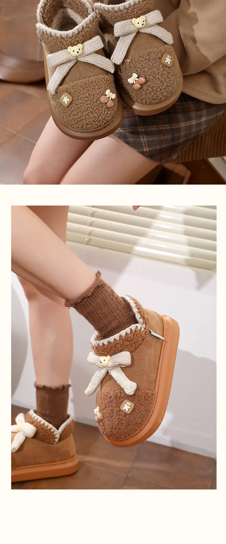 Women's Winter Cartoon Bear Bow Warm Cotton Slippers — feature 9