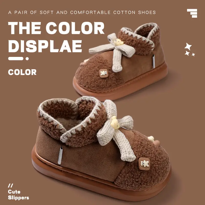 Women's Winter Cartoon Bear Bow Warm Cotton Slippers