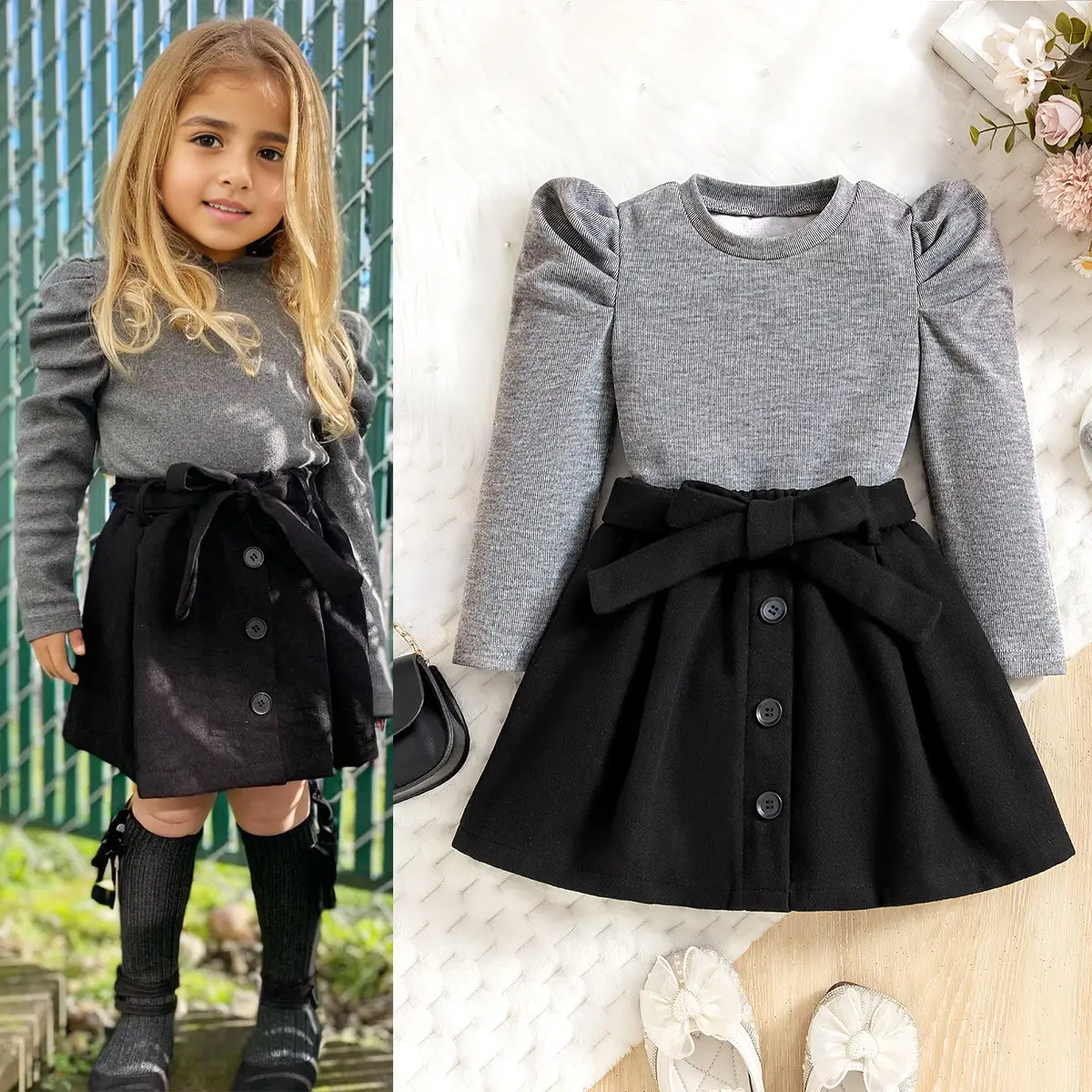 Women Gray Bubble Long Sleeve Skirt Suit Winter - Image 2