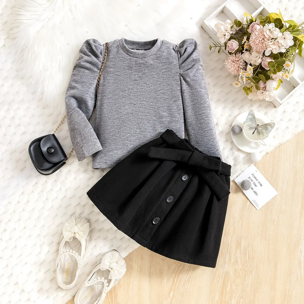 Women Gray Bubble Long Sleeve Skirt Suit Winter - Image 3