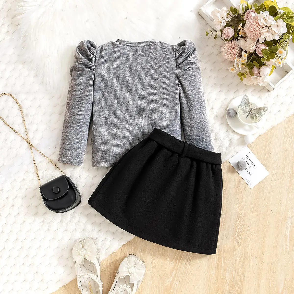 Women Gray Bubble Long Sleeve Skirt Suit Winter - Image 4