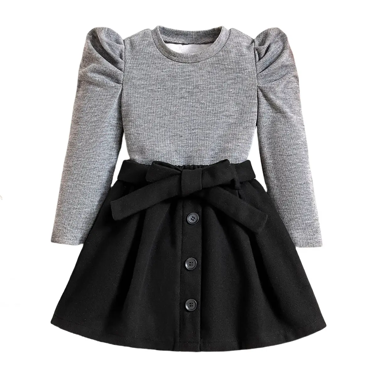 Women Gray Bubble Long Sleeve Skirt Suit Winter - Image 5