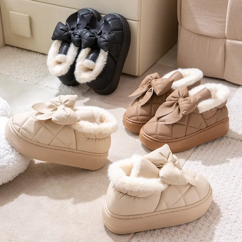 Nanbo Wan Wearing Cotton Slippers with Bag and Heel for Women's Winter Warm fleece-lined Dung-feeling Waterproof Bow Platform Cotton Shoes - Image 5
