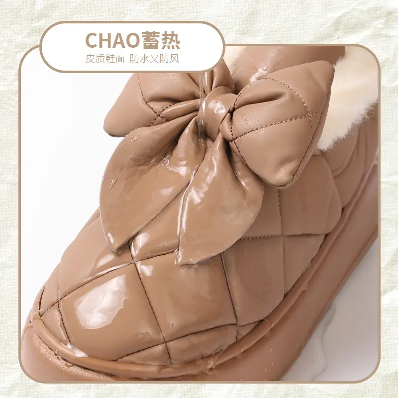 Nanbo Wan Wearing Cotton Slippers with Bag and Heel for Women's Winter Warm fleece-lined Dung-feeling Waterproof Bow Platform Cotton Shoes - Image 6