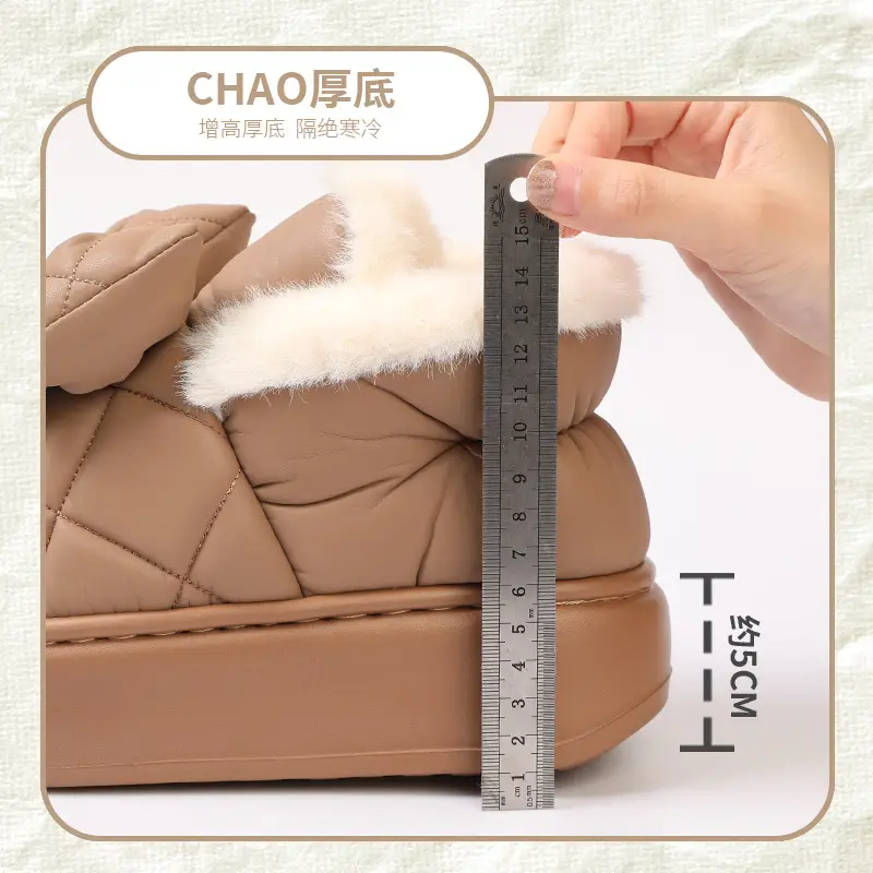 Nanbo Wan Wearing Cotton Slippers with Bag and Heel for Women's Winter Warm fleece-lined Dung-feeling Waterproof Bow Platform Cotton Shoes - Image 7