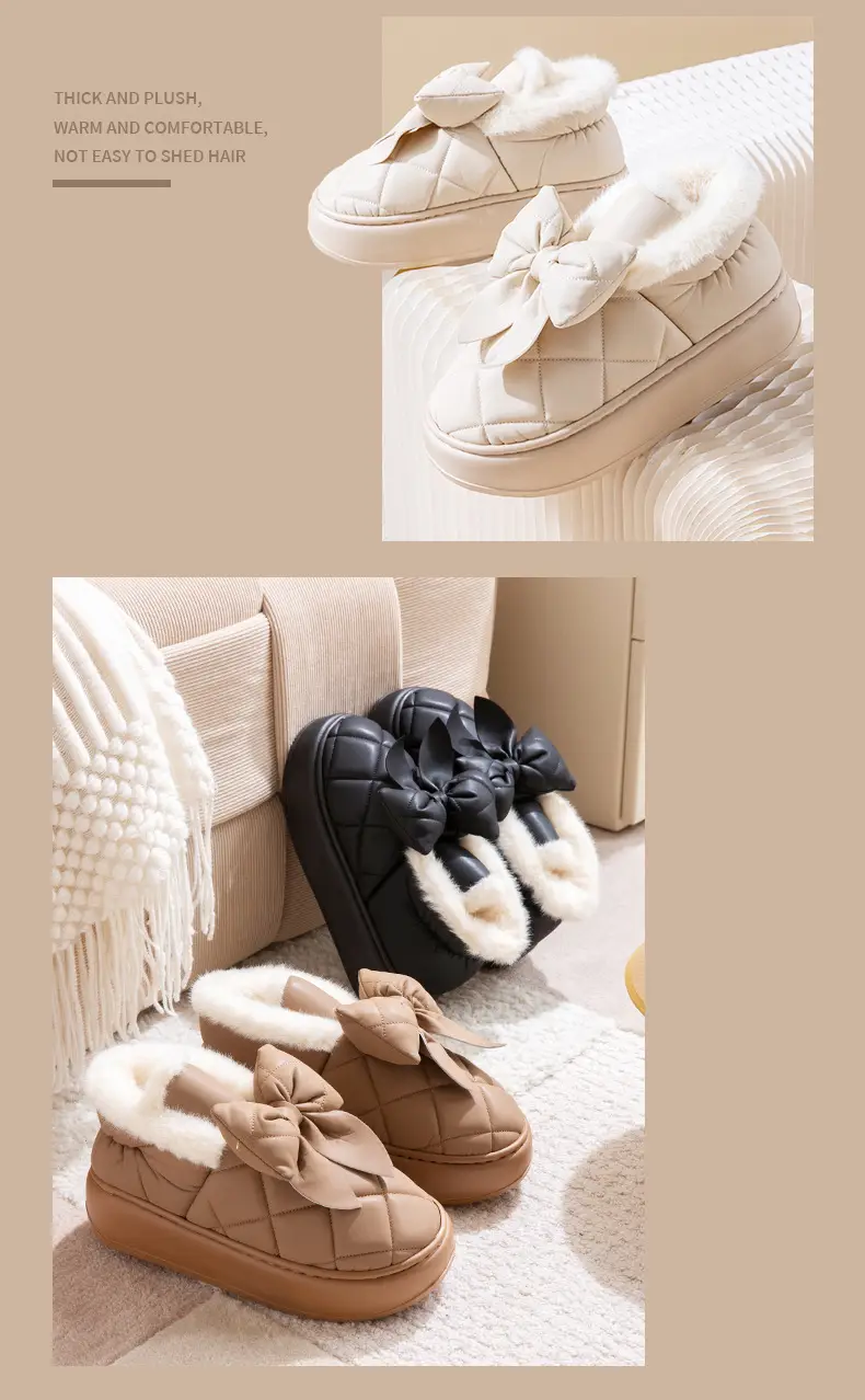 Nanbo Wan Wearing Cotton Slippers with Bag and Heel for Women's Winter Warm fleece-lined Dung-feeling Waterproof Bow Platform Cotton Shoes — feature 10