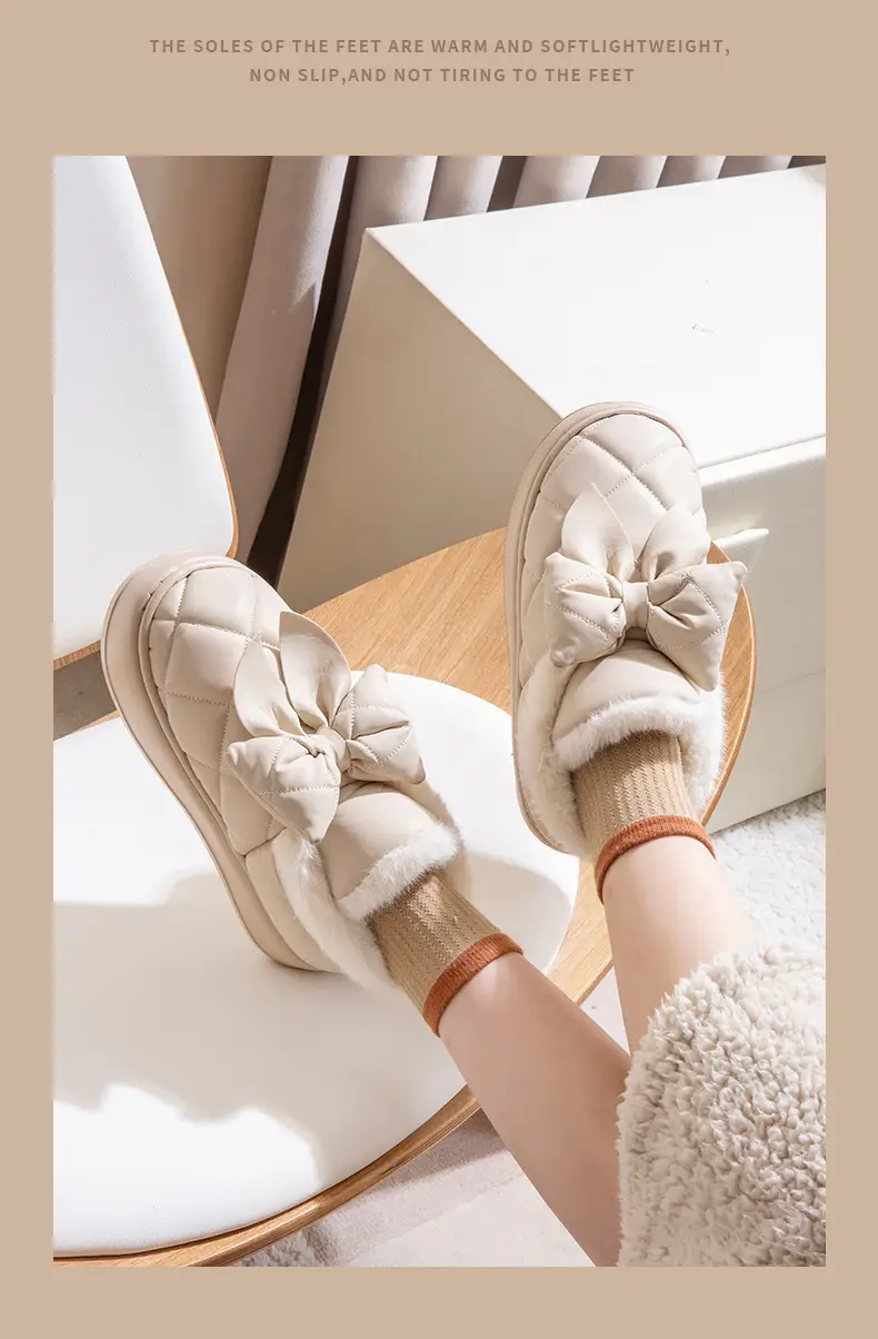 Nanbo Wan Wearing Cotton Slippers with Bag and Heel for Women's Winter Warm fleece-lined Dung-feeling Waterproof Bow Platform Cotton Shoes — feature 11