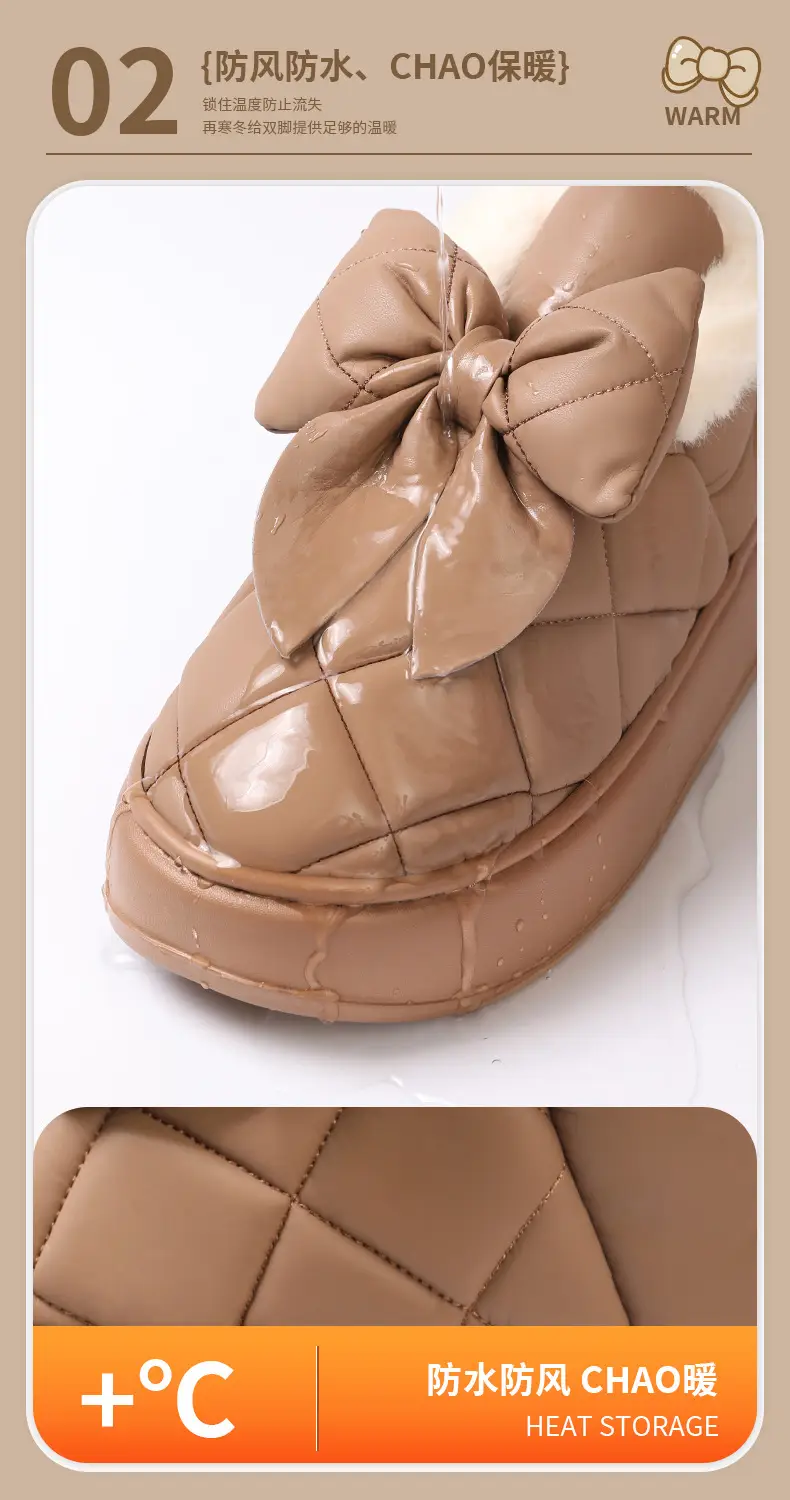 Nanbo Wan Wearing Cotton Slippers with Bag and Heel for Women's Winter Warm fleece-lined Dung-feeling Waterproof Bow Platform Cotton Shoes — feature 7