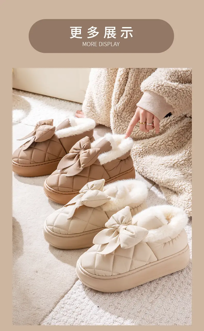 Nanbo Wan Wearing Cotton Slippers with Bag and Heel for Women's Winter Warm fleece-lined Dung-feeling Waterproof Bow Platform Cotton Shoes — feature 9