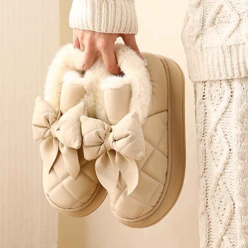Nanbo Wan Wearing Cotton Slippers with Bag and Heel for Women's Winter Warm fleece-lined Dung-feeling Waterproof Bow Platform Cotton Shoes - Image 2