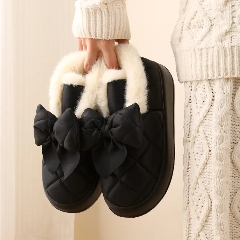 Nanbo Wan Wearing Cotton Slippers with Bag and Heel for Women's Winter Warm fleece-lined Dung-feeling Waterproof Bow Platform Cotton Shoes - Image 3