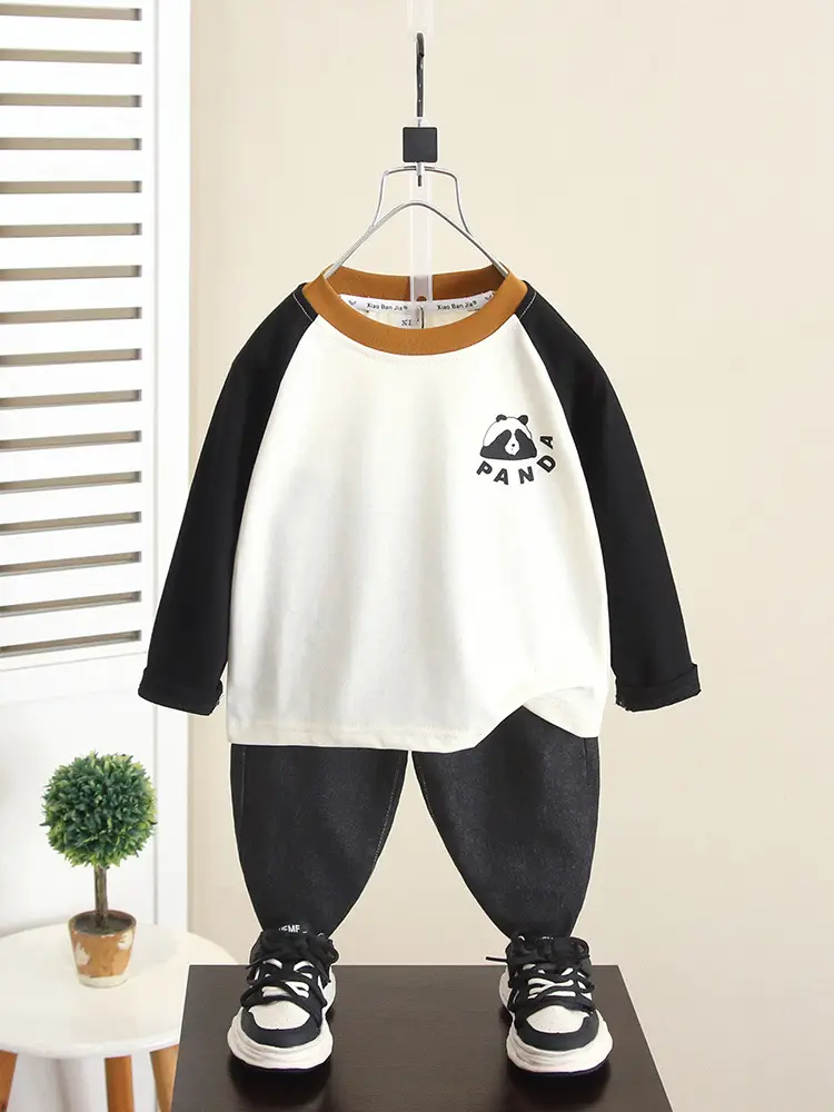 Boys Long Sleeve T-Shirt Cartoon Panda White Black 2024