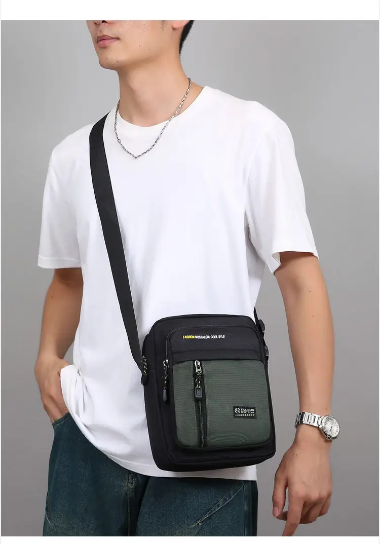 Men's Black Vertical Shoulder Bag with Zip & Strap — feature 11