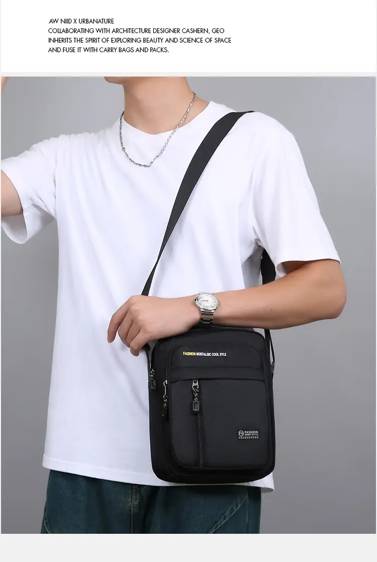 Men's Black Vertical Shoulder Bag with Zip & Strap — feature 13