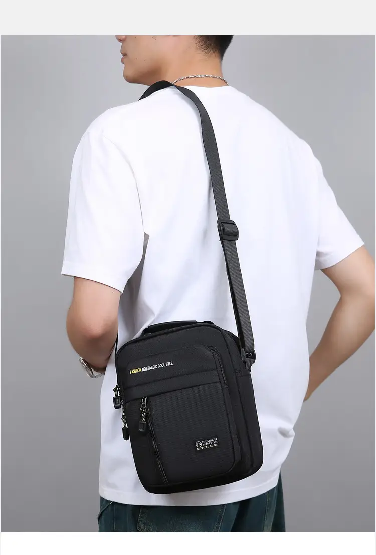 Men's Black Vertical Shoulder Bag with Zip & Strap — feature 14