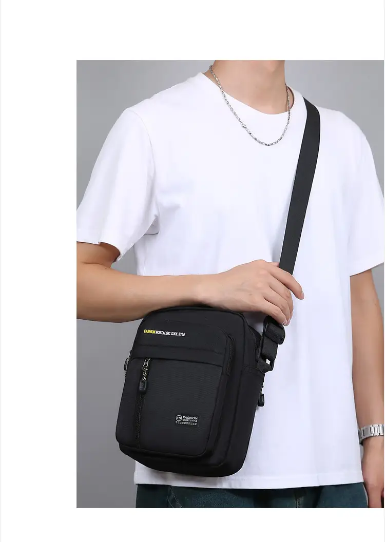 Men's Black Vertical Shoulder Bag with Zip & Strap — feature 15