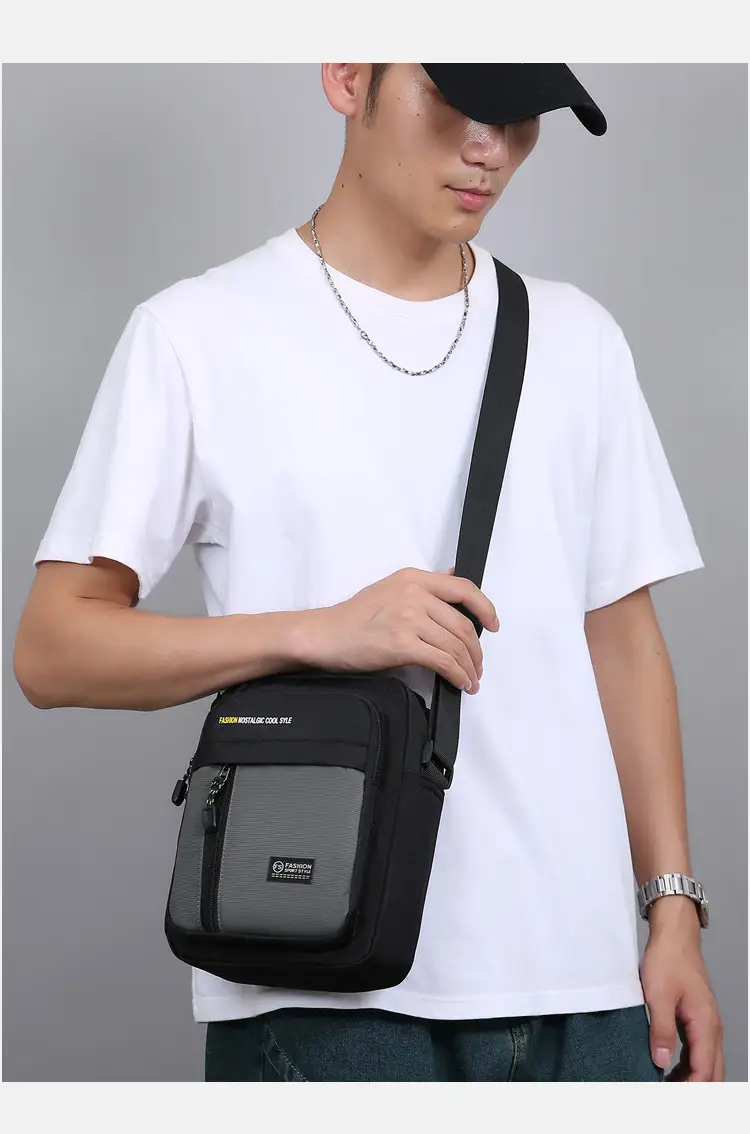 Men's Black Vertical Shoulder Bag with Zip & Strap — feature 17