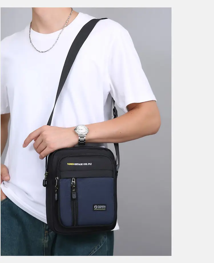 Men's Black Vertical Shoulder Bag with Zip & Strap — feature 21
