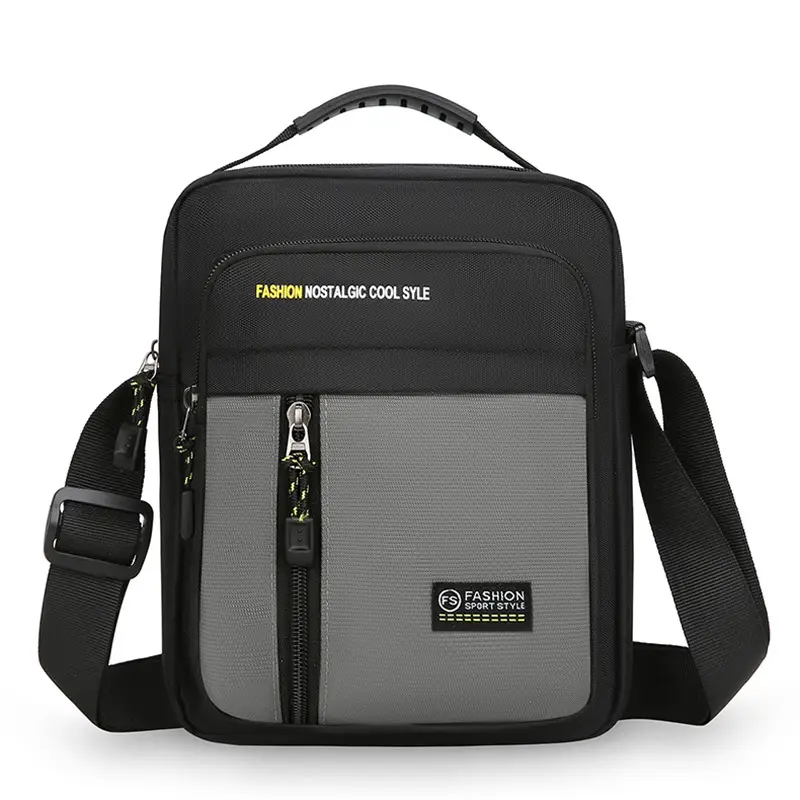 Men's Black Vertical Shoulder Bag with Zip & Strap