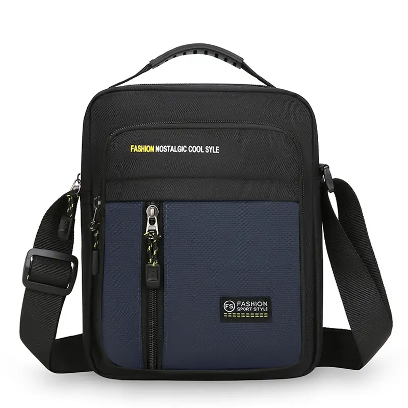 Men's Black Vertical Shoulder Bag with Zip & Strap