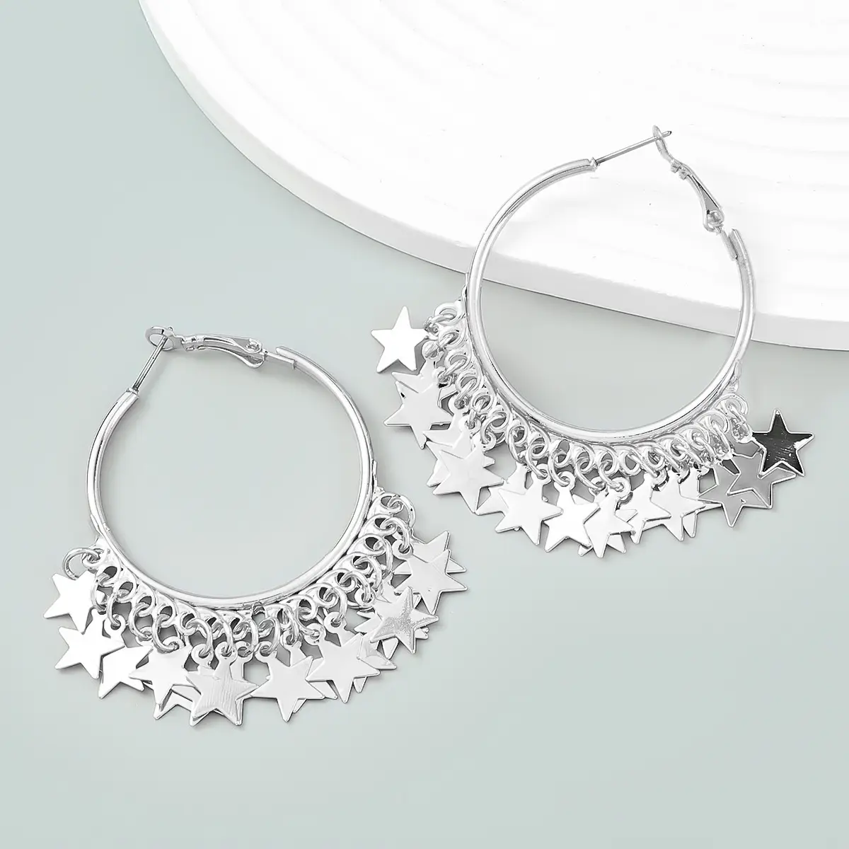 Silver Round Multi Layer Star Tassel Earrings for Women