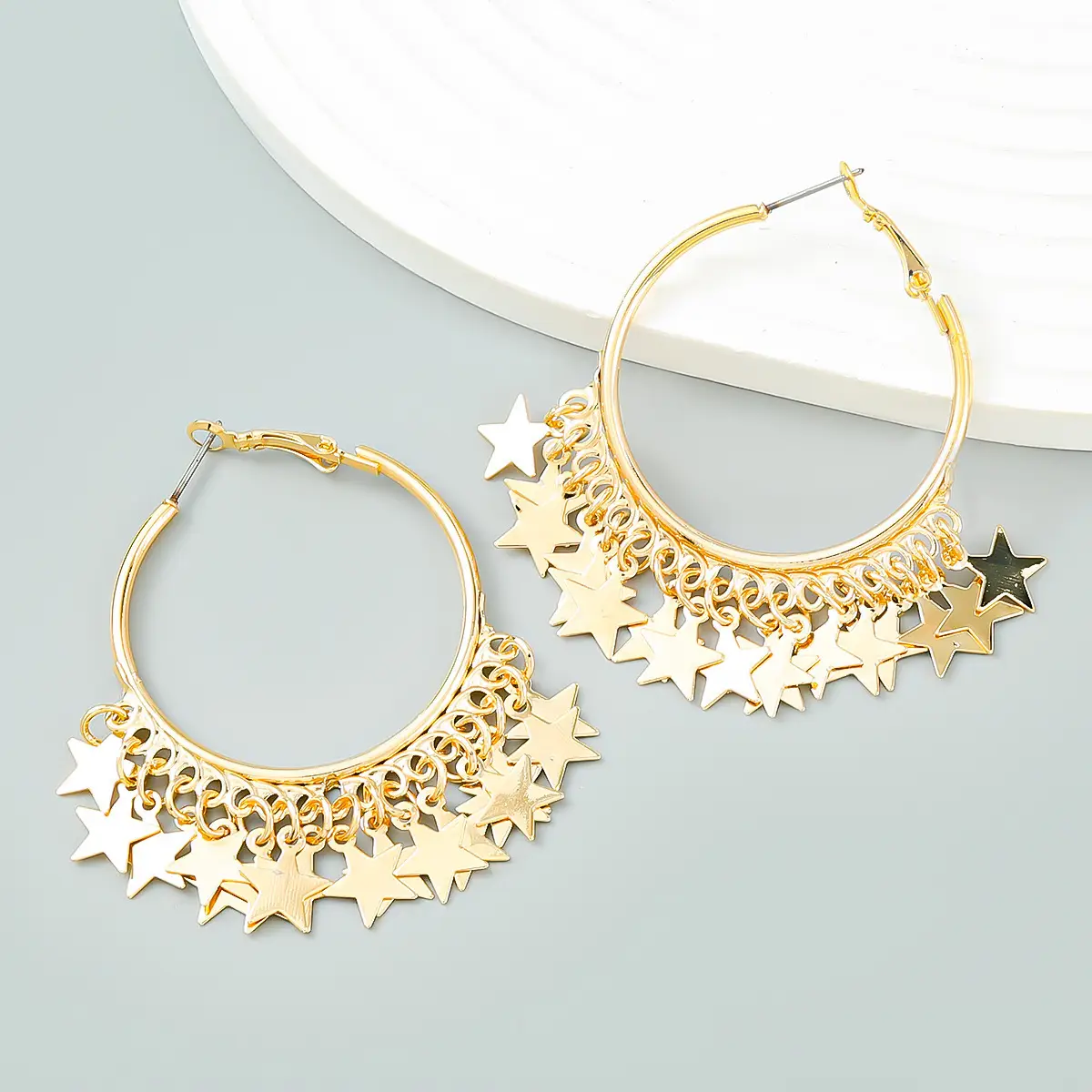 Silver Round Multi Layer Star Tassel Earrings for Women