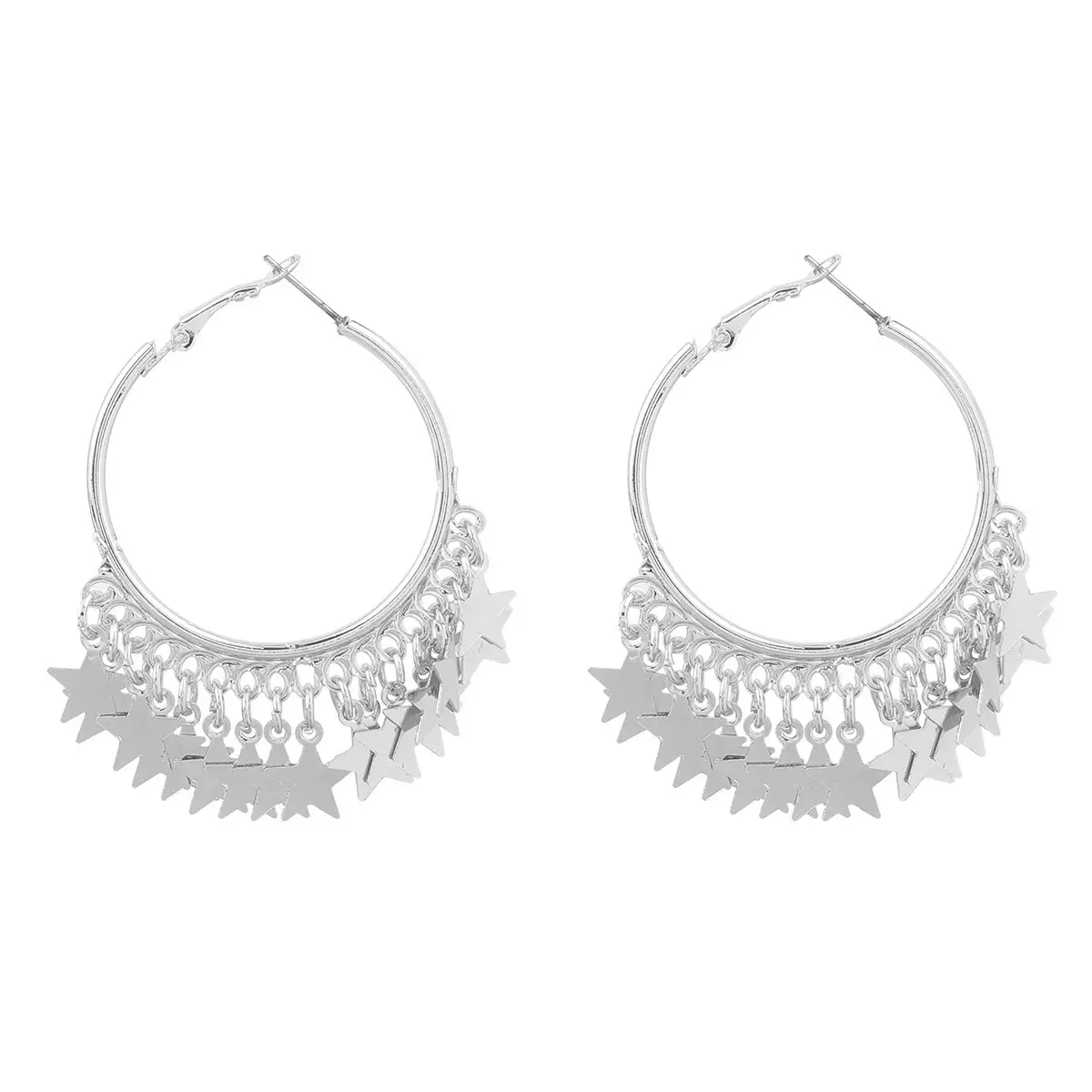 Silver Round Multi Layer Star Tassel Earrings for Women