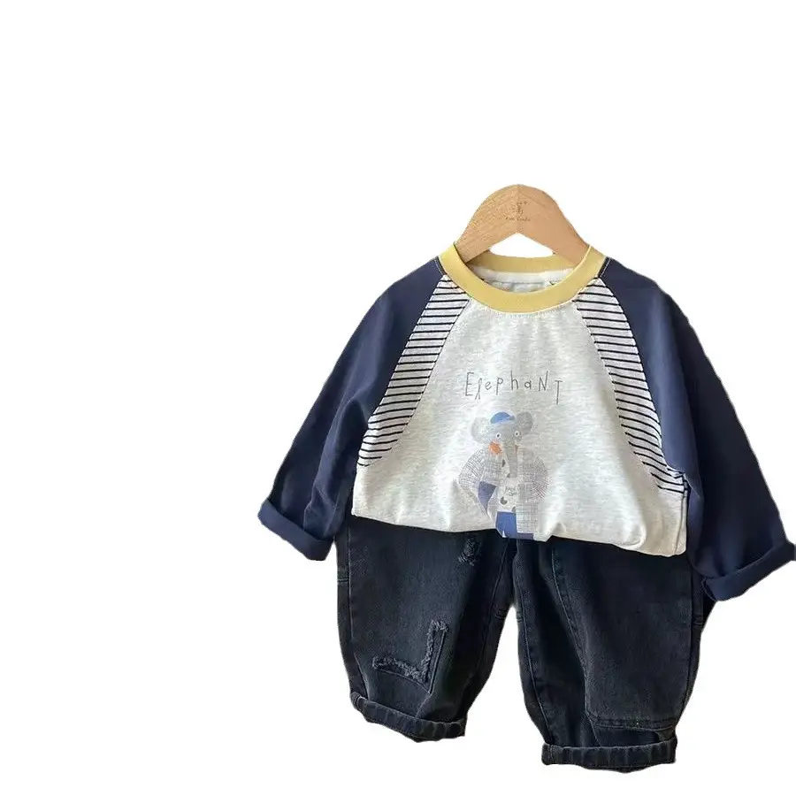 Baby Raglan Sleeve T-Shirt Set Navy Blue Cartoon Print