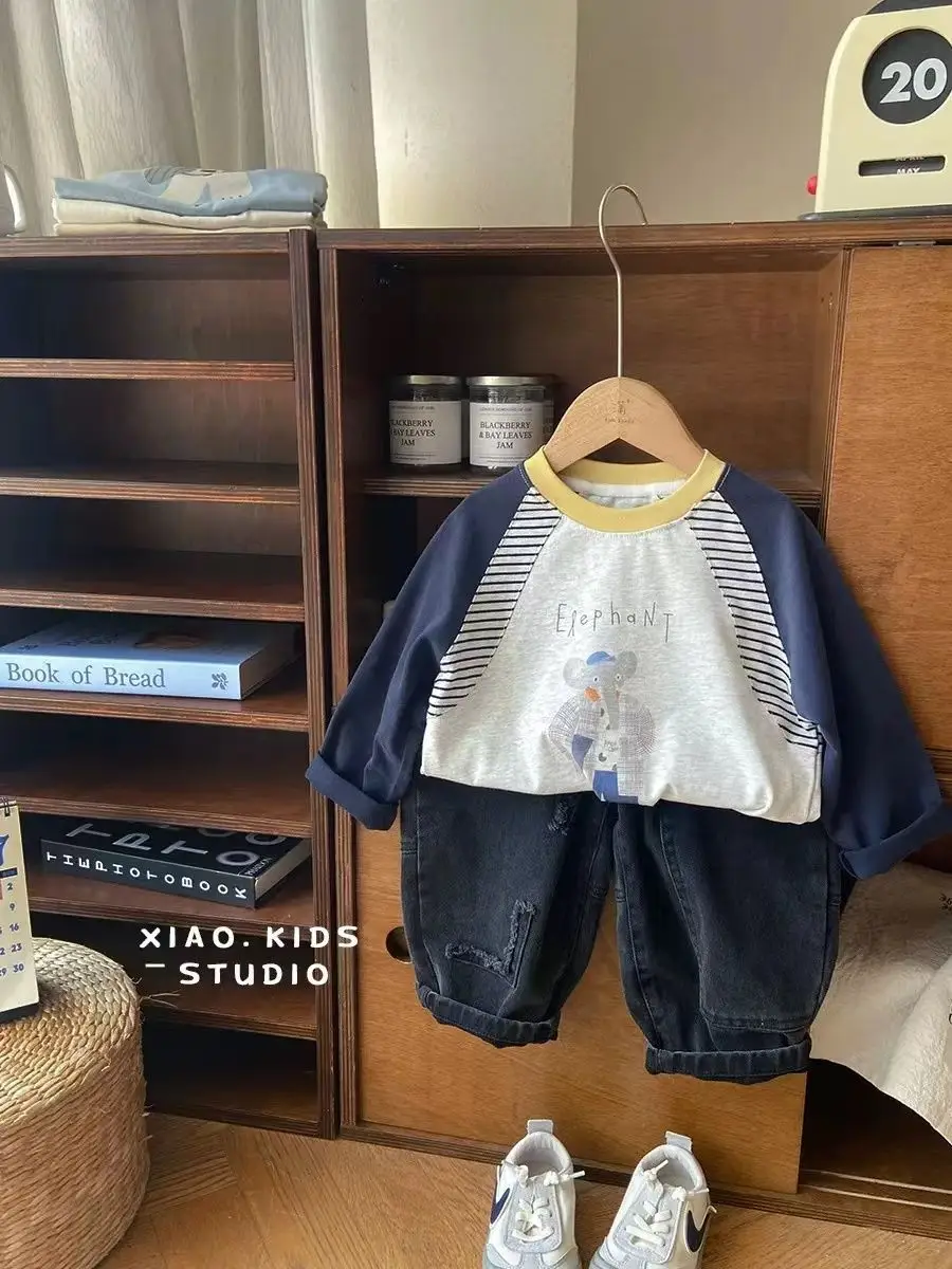 Baby Raglan Sleeve T-Shirt Set Navy Blue Cartoon Print — feature 5