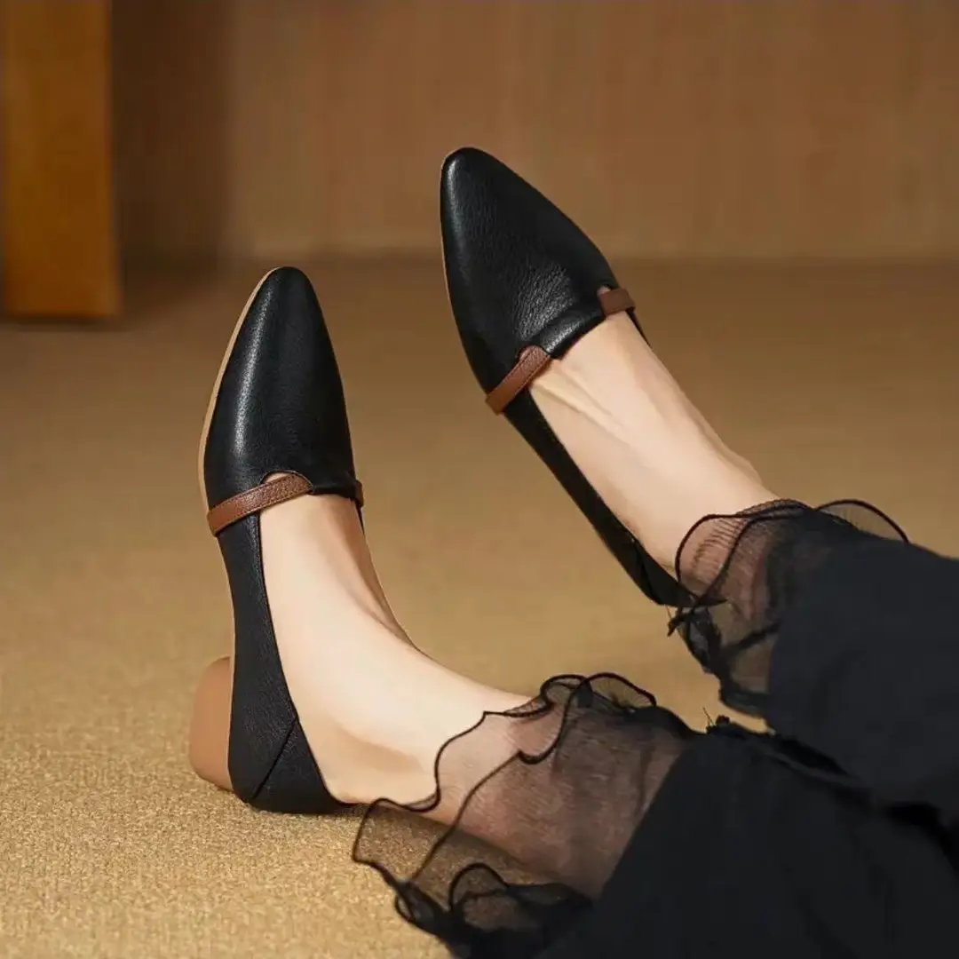 Autumn French Style Retro Pointed Color-matching Shallow Mouth Single-layer Shoes Women's Low Heeled Super Soft Medium Thick Heeled Milk Shoes Elegant Small Leather Shoes — feature 3