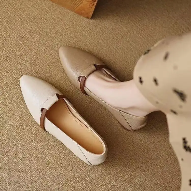 Autumn French Style Retro Pointed Color-matching Shallow Mouth Single-layer Shoes Women's Low Heeled Super Soft Medium Thick Heeled Milk Shoes Elegant Small Leather Shoes — feature 4