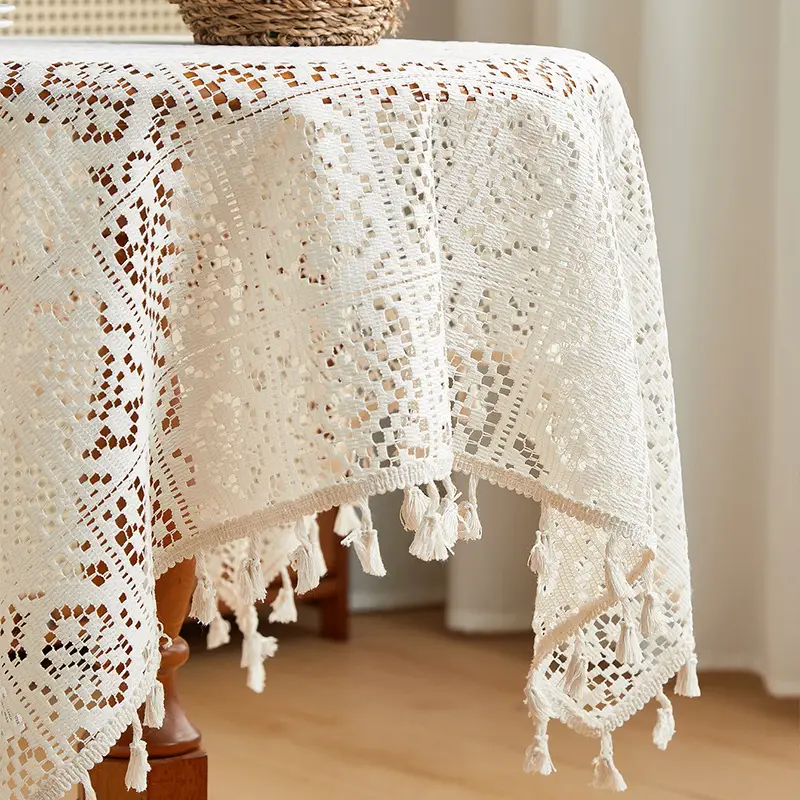 American Style Vintage Pastoral Hollow Crochet Tablecloth Rectangular Round Dining Table Coffee Table Tablecloth Cabinet Cover Towel Household — feature 7