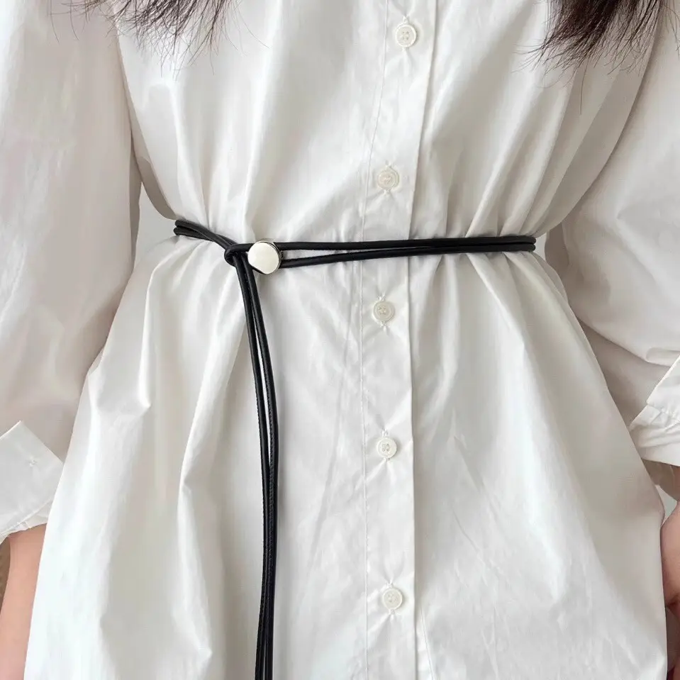 Women's White Leather Belted Summer Shirt Belt