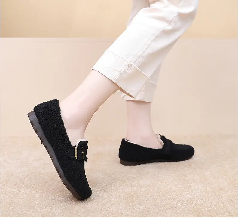 Autumn and Winter New Style Furry Shoes for Women, Flat-Soled Velvet Warm Loafers, Casual Slip-On Cotton Shoes for Women — feature 25