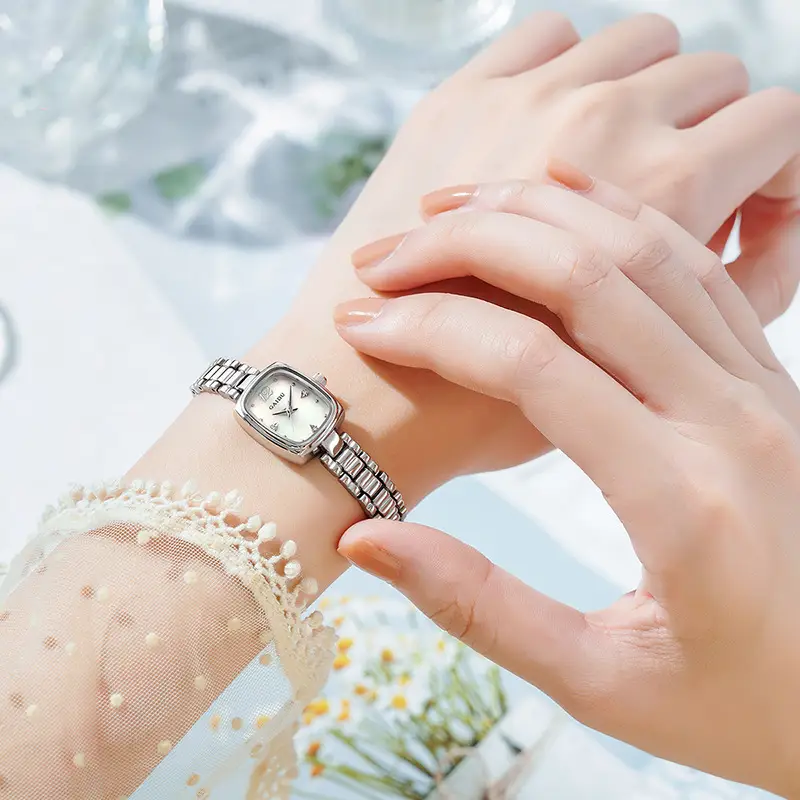 Women's Square Watch with Pearl Dial & Steel Band