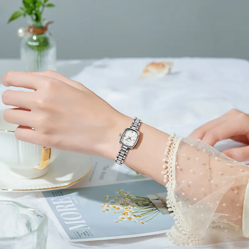Women's Square Watch with Pearl Dial & Steel Band