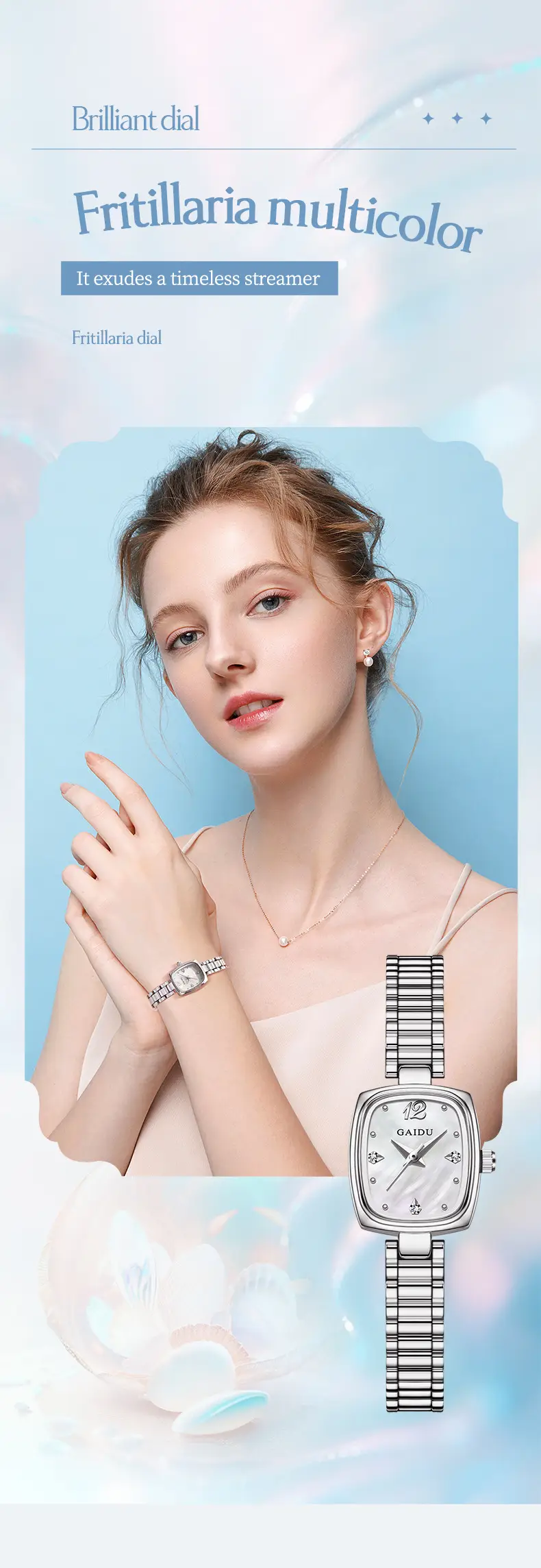 Women's Square Watch with Pearl Dial & Steel Band — feature 15