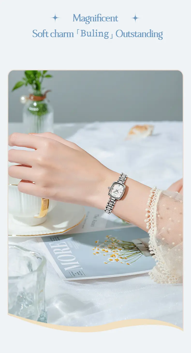 Women's Square Watch with Pearl Dial & Steel Band — feature 25