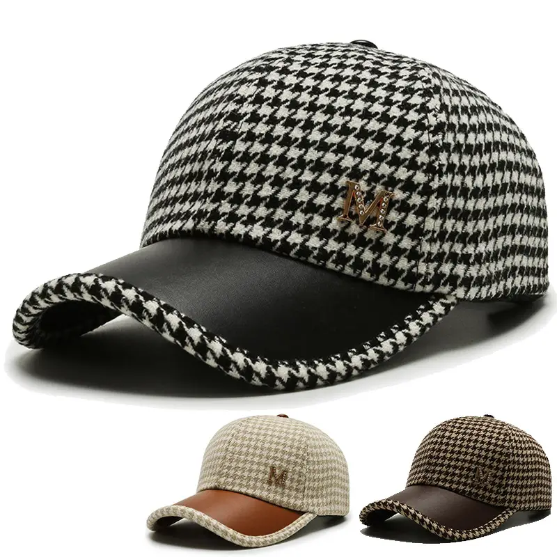 Houndstooth Leather Cap for Men Winter - Image 4